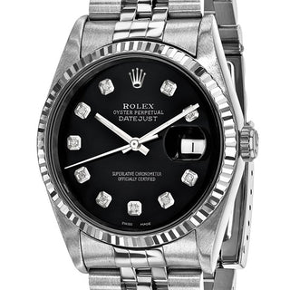 Reloj Rolex by Swiss Crown™ de segunda mano con certificación independiente de acero Rolex de 36 mm Jubilee Datejust con esfera de diamantes negros y bisel estriado de 18k 