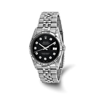 Reloj Rolex by Swiss Crown™ de segunda mano con certificación independiente de acero Rolex de 36 mm Jubilee Datejust con esfera de diamantes negros y bisel estriado de 18k 