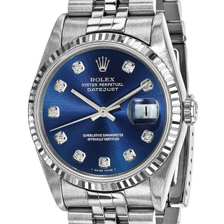 Swiss Crown™ USA Pre-owned Rolex-Independently Certified Steel 36mm Jubilee Datejust Blue Diamond Dial and 18k Fluted Bezel Watch