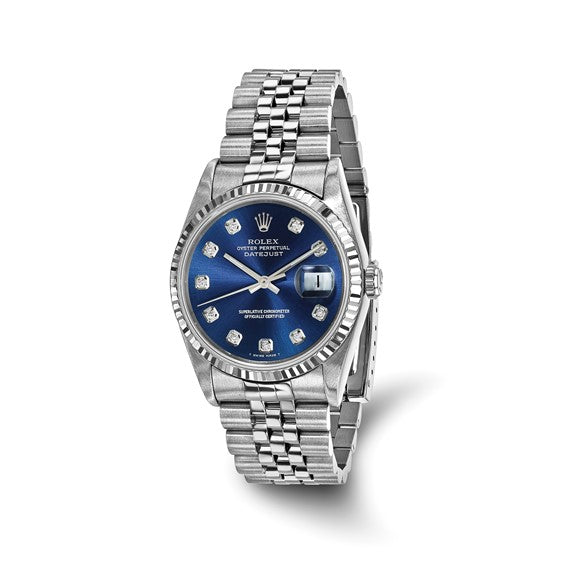 Swiss Crown™ USA Pre-owned Rolex-Independently Certified Steel 36mm Jubilee Datejust Blue Diamond Dial and 18k Fluted Bezel Watch