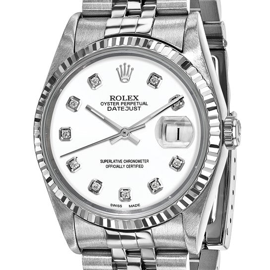 Rolex de segunda mano de Swiss Crown™ EE. UU. Reloj Rolex Jubilee Datejust de acero de 36 mm con esfera de diamantes blancos y bisel estriado de 18 quilates y certificado independiente de segunda mano en EE. UU. 