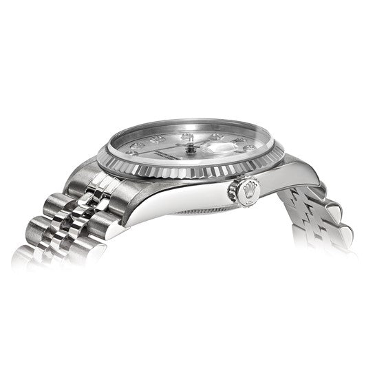 Reloj Rolex Jubilee Datejust de acero de 36 mm con esfera plateada de diamantes y bisel estriado de 18 k de segunda mano con certificado independiente Swiss Crown™ en EE. UU. 