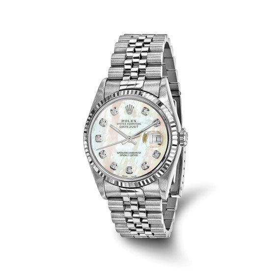 Swiss Crown™ USA Pre-owned Rolex-Independently Certified SS Datejust Jubilee With Mother of Pearl Diamond Dial and 18k Bezel