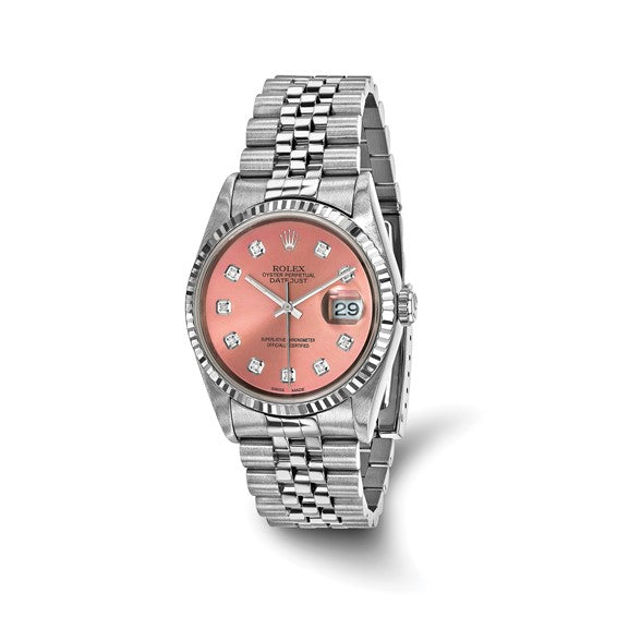 Swiss Crown™ USA Pre-owned Rolex-Independently Certified SS Datejust Jubilee With COPPER Diamond Dial and 18k Bezel