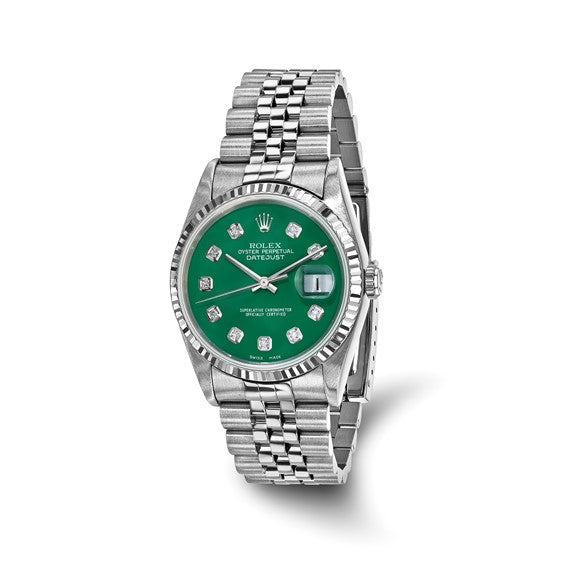 Swiss Crown™ USA Pre-owned Rolex-Independently Certified Steel 36mm Jubilee Datejust Green Diamond Dial and 18k Fluted Bezel Watch