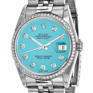 Swiss Crown™ USA Pre-owned Rolex-Independently Certified Steel 36mm Jubilee Datejust Teal Diamond Dial and 18k Fluted Bezel Watch