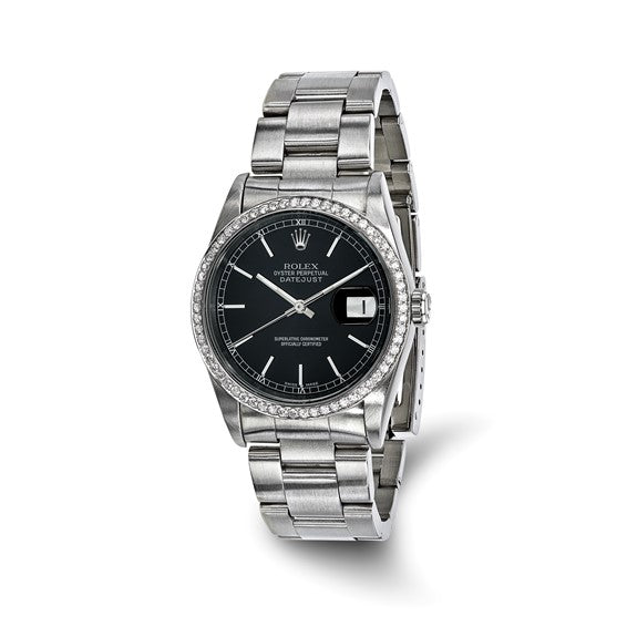 Swiss Crown™ USA Pre-owned Rolex-Independently Certified Steel 36mm Oyster Datejust Black Dial and Diamond Bezel Watch