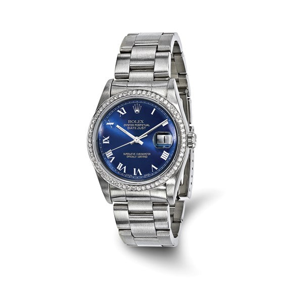 Swiss Crown™ USA Pre-owned Rolex-Independently Certified Steel 36mm Oyster Datejust Blue Roman Dial and Diamond Bezel Watch