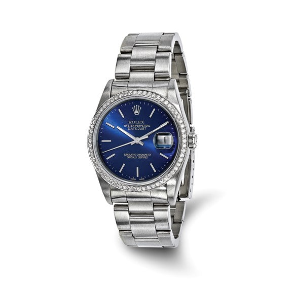 Swiss Crown™ USA Pre-owned Rolex-Independently Certified Steel 36mm Oyster Datejust Blue Dial and Diamond Bezel Watch