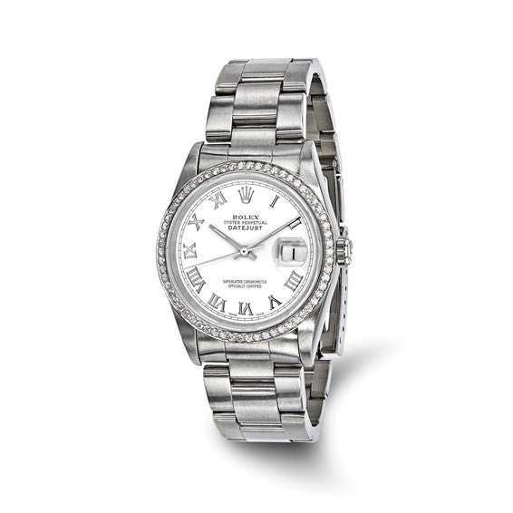 Reloj Rolex Oyster Datejust de acero de 36 mm con esfera blanca y bisel de diamantes de segunda mano con certificación independiente en EE. UU. Swiss Crown™ 