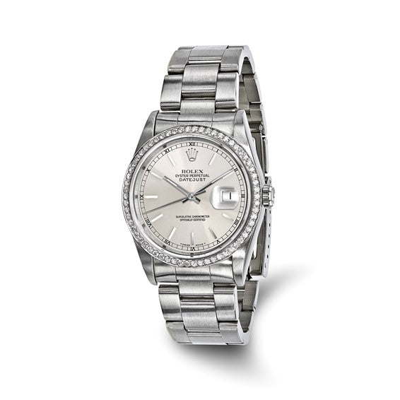 Rolex Pre-owned Rolex by Swiss Crown™ USA Pre-owned Independently Certified Rolex Steel 36mm Oyster Datejust Silver Dial and Diamond Bezel Watch