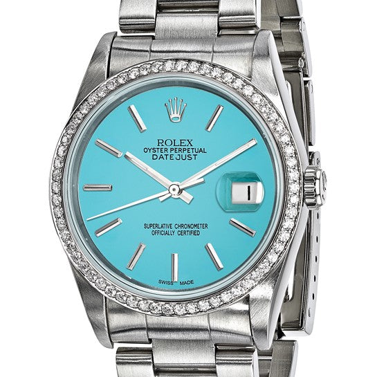Reloj Rolex Oyster Datejust de acero de 36 mm con esfera verde azulado y bisel de diamantes de segunda mano con certificación independiente en EE. UU. Swiss Crown™ 