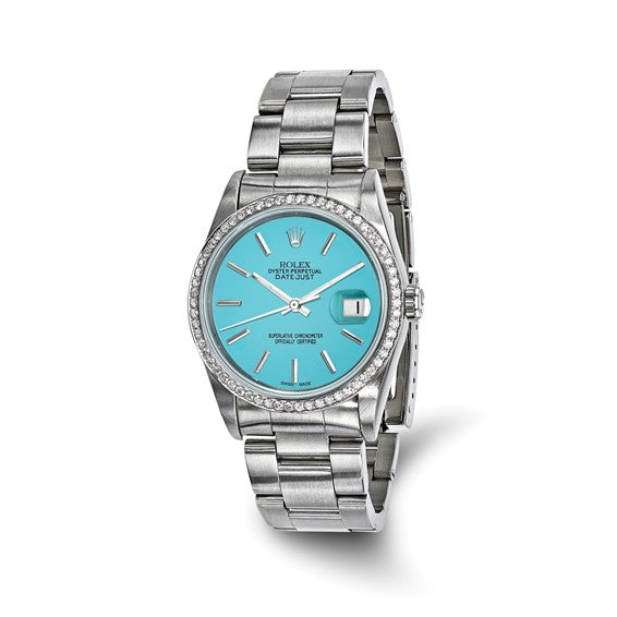 Swiss Crown™ USA Pre-owned Independently Certified Rolex Steel 36mm Oyster Datejust Teal Dial and Diamond Bezel Watch