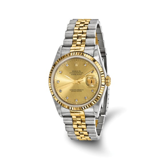 Rolex de segunda mano de Swiss Crown™ EE. UU. Reloj Rolex de segunda mano certificado independientemente de acero y reloj Jubilee Datejust de 18k y 36 mm con esfera color champán y bisel estriado de diamantes 