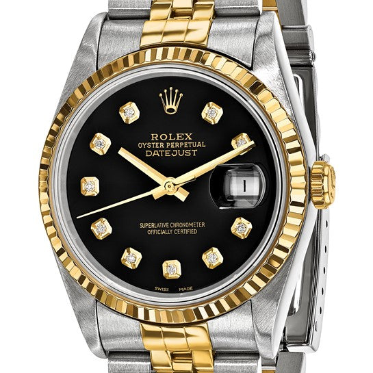 Rolex de segunda mano de Swiss Crown™ EE. UU. Reloj Rolex de segunda mano certificado independientemente de acero y reloj Jubilee Datejust de 18k y 36 mm con esfera de diamantes negros y bisel estriado 