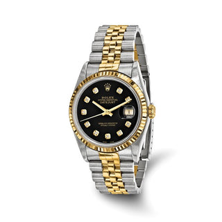 Rolex | 36mm Jubilee Datejust Black Diamond Dial Steel and 18k Fluted Bezel Watch - Independently Certified Swiss Crown™ USA