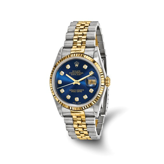 Reloj Rolex de acero y bisel estriado y esfera de diamantes azules Jubilee Datejust de 18k y 36 mm con certificación independiente de segunda mano Swiss Crown™ en EE. UU. 