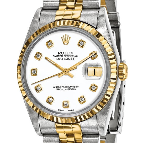 Rolex de segunda mano de Swiss Crown™ EE. UU. Reloj Rolex de segunda mano certificado independientemente de acero y reloj Jubilee Datejust de 18k y 36 mm con esfera de diamantes blancos y bisel estriado 