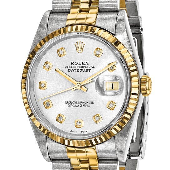 Rolex Pre-owned Rolex by Swiss Crown™ USA Pre-owned Independently Certified Rolex Steel and 18k 36mm Jubilee Datejust Silver Diamond Dial and Fluted Bezel Watch