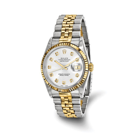 Rolex de segunda mano de Swiss Crown™ EE. UU. Reloj Rolex de segunda mano certificado independientemente de acero y reloj Jubilee Datejust de 18k y 36 mm con esfera plateada de diamantes y bisel estriado 