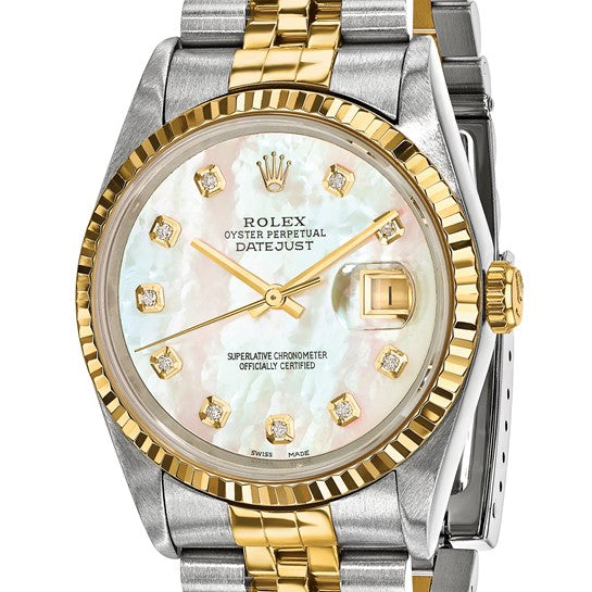 Rolex de segunda mano de Swiss Crown™ EE. UU. Reloj Rolex de segunda mano certificado independientemente de acero y reloj Jubilee Datejust de 18k y 36 mm con esfera de nácar y diamantes y bisel estriado 