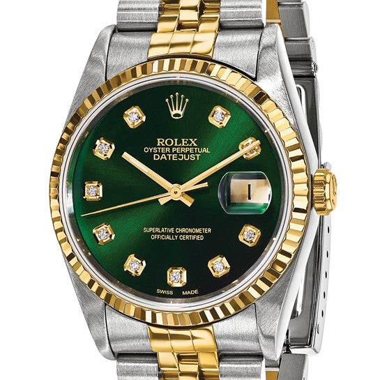 Reloj Rolex de acero y bisel estriado y esfera de diamantes verdes Jubilee Datejust de 18k y 36 mm con certificación independiente de segunda mano Swiss Crown™ en EE. UU. 