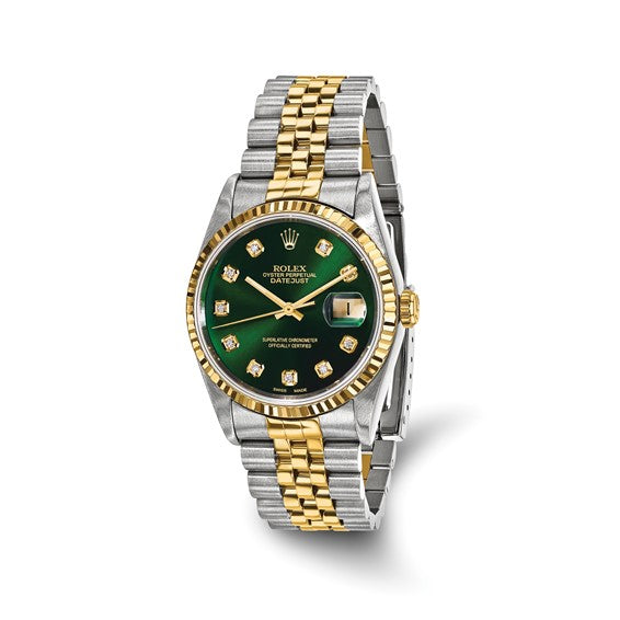 Swiss Crown™ USA Pre-owned Independently Certified Rolex Steel and 18k 36mm Jubilee Datejust Green Diamond Dial and Fluted Bezel Watch