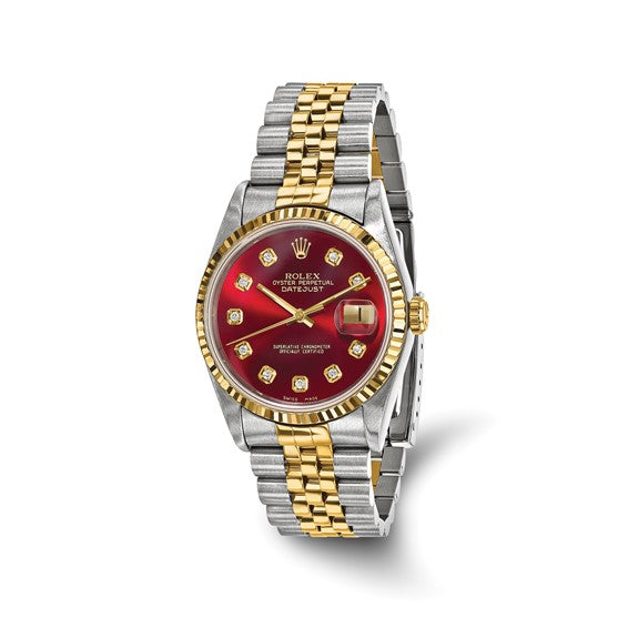 Swiss Crown™ USA Pre-owned Rolex-Independently Certified Steel and 18k 36mm Jubilee Datejust Red Diamond Dial and Fluted Bezel Watch