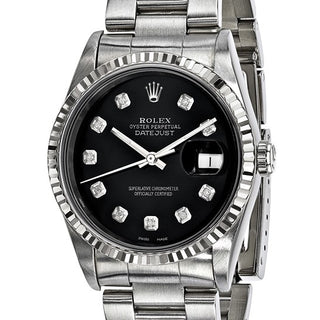 Rolex de segunda mano de Swiss Crown™ EE. UU. Reloj Rolex Oyster Datejust de acero de segunda mano con certificación independiente de 36 mm, esfera de diamantes negros y bisel estriado de 18 k 