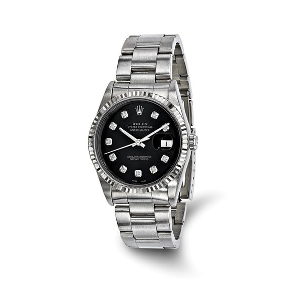 Rolex de segunda mano de Swiss Crown™ EE. UU. Reloj Rolex Oyster Datejust de acero de segunda mano con certificación independiente de 36 mm, esfera de diamantes negros y bisel estriado de 18 k 