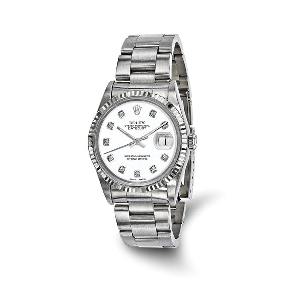 Rolex by Swiss Crown™ de segunda mano en EE. UU. Reloj Rolex de acero Oyster Datejust de 36 mm con certificación independiente y segunda mano, esfera de diamantes blancos y bisel estriado de 18 k 