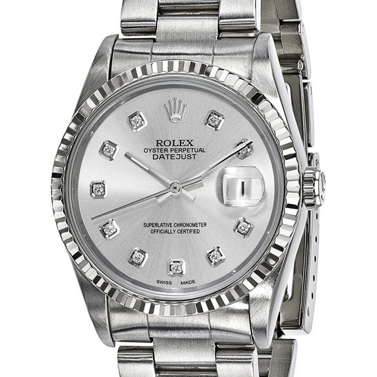 Rolex by Swiss Crown™ de segunda mano en EE. UU. Reloj Rolex de acero de 36 mm con esfera plateada Oyster Datejust y certificado independiente y de segunda mano con diamantes y bisel estriado de 18k 