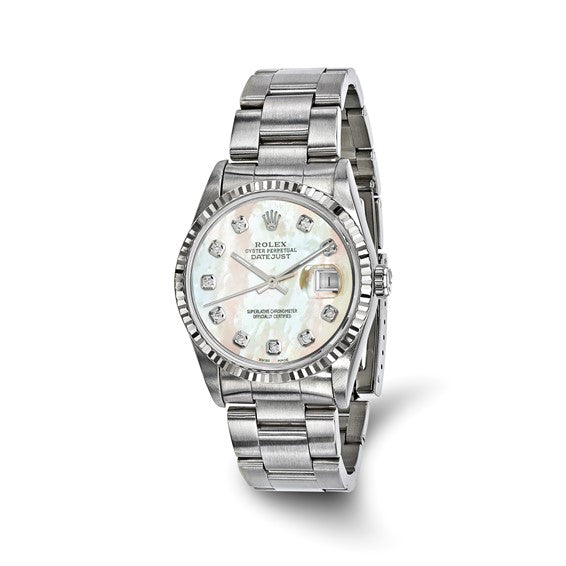 Swiss Crown™ USA Pre-owned Rolex-Independently Certified Steel 36mm Oyster Datejust Mother of Pearl Diamond Dial and 18k Fluted Bezel Watch