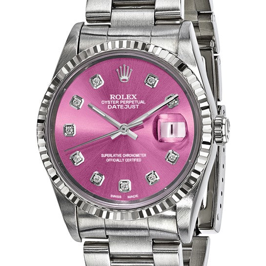 Rolex by Swiss Crown™ de segunda mano en EE. UU. Reloj Rolex de acero Oyster Datejust de 36 mm con certificación independiente y segunda mano, esfera de diamantes rosa y bisel estriado de 18k 