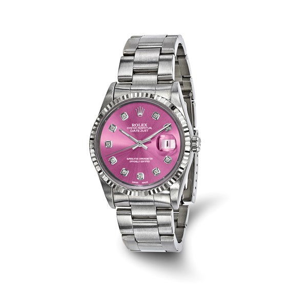Rolex by Swiss Crown™ de segunda mano en EE. UU. Reloj Rolex de acero Oyster Datejust de 36 mm con certificación independiente y segunda mano, esfera de diamantes rosa y bisel estriado de 18k 