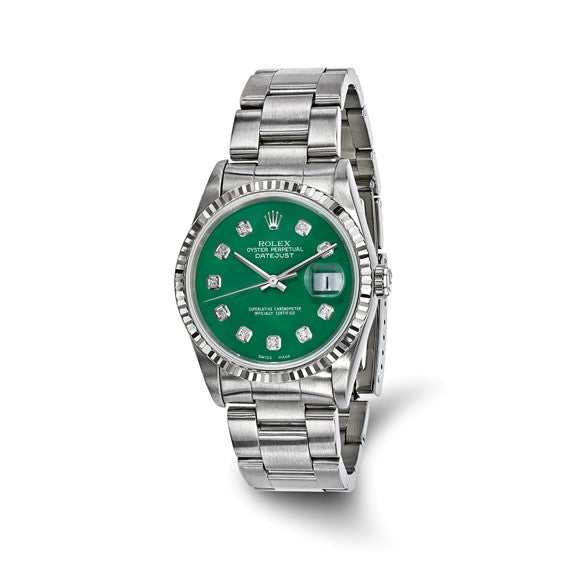 Reloj Rolex de acero Oyster Datejust de 36 mm con esfera de diamantes verdes y bisel estriado de 18 k de segunda mano con certificado independiente en EE. UU. Swiss Crown™ 