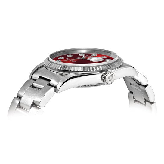 Rolex by Swiss Crown™ de segunda mano en EE. UU. Reloj Rolex de acero Oyster Datejust de 36 mm con esfera roja y bisel estriado de 18 quilates y certificado independiente de segunda mano 