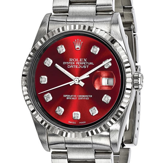 Rolex by Swiss Crown™ de segunda mano en EE. UU. Reloj Rolex de acero Oyster Datejust de 36 mm con esfera roja y bisel estriado de 18 quilates y certificado independiente de segunda mano 