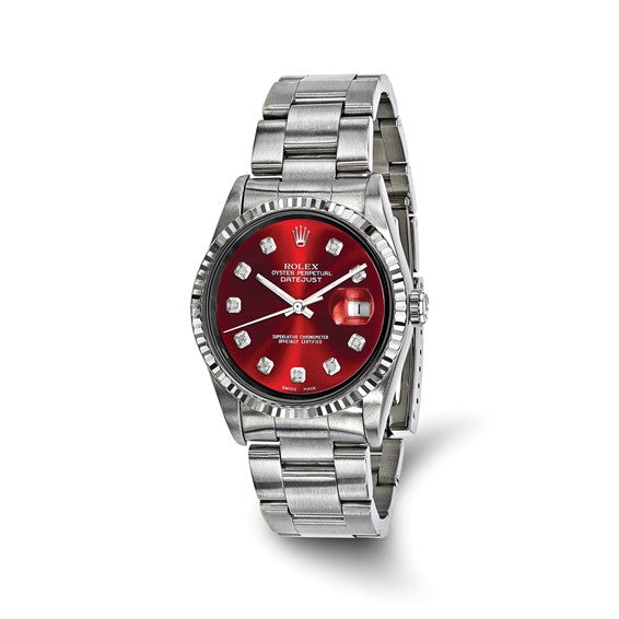 Rolex by Swiss Crown™ de segunda mano en EE. UU. Reloj Rolex de acero Oyster Datejust de 36 mm con esfera roja y bisel estriado de 18 quilates y certificado independiente de segunda mano 