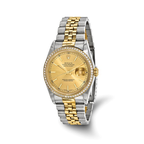 Swiss Crown™ USA Pre-owned Rolex-Independently Certified Steel and 18k 36mm Jubilee Datejust Champagne Dial and Diamond Bezel Watch