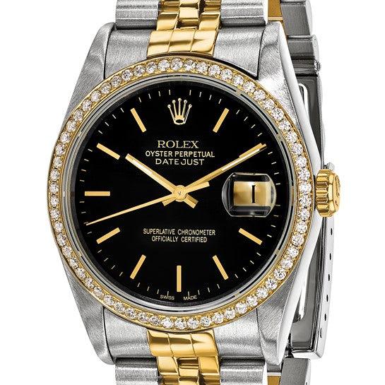 Swiss Crown™ USA Pre-owned Rolex-Independently Certified Steel and 18k 36mm Jubilee Datejust Black Dial and Diamond Bezel Watch