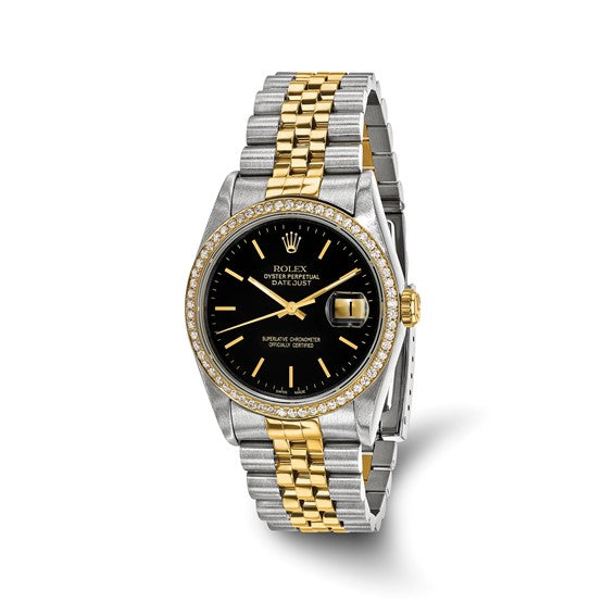 Swiss Crown™ USA Pre-owned Rolex-Independently Certified Steel and 18k 36mm Jubilee Datejust Black Dial and Diamond Bezel Watch