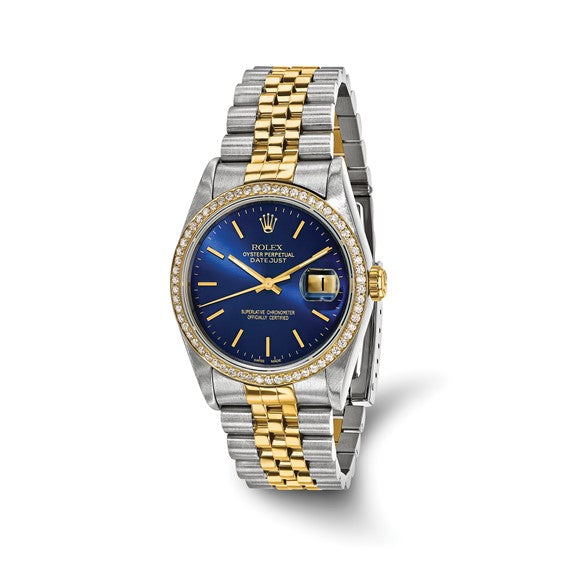 Swiss Crown™ USA Pre-owned Rolex-Independently Certified Steel and 18k 36mm Jubilee Datejust Blue Dial and Diamond Bezel Watch