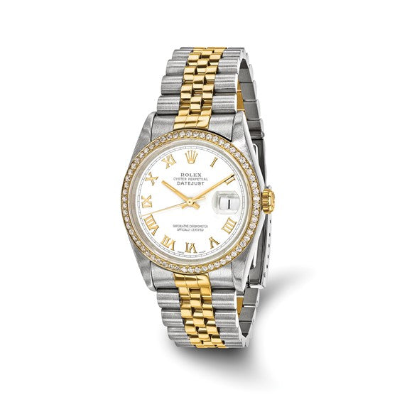 Swiss Crown™ USA Pre-owned Rolex-Independently Certified Steel and 18k 36mm Jubilee Datejust White Dial and Diamond Bezel Watch