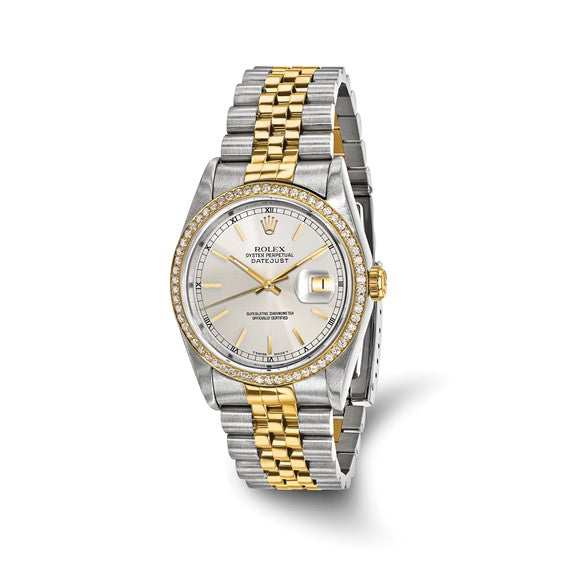 Swiss Crown™ USA Pre-owned Rolex-Independently Certified Steel and 18k 36mm Jubilee Datejust Silver Dial and Diamond Bezel Watch