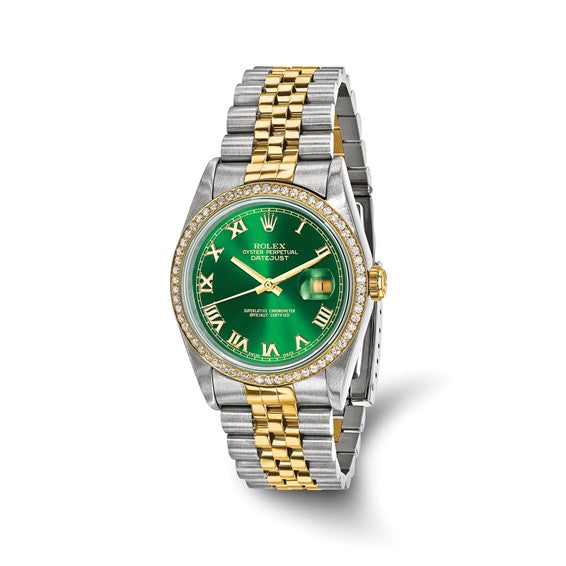 Swiss Crown™ USA Pre-owned Rolex-Independently Certified Steel and 18k 36mm Jubilee Datejust Green Dial and Diamond Bezel Watch