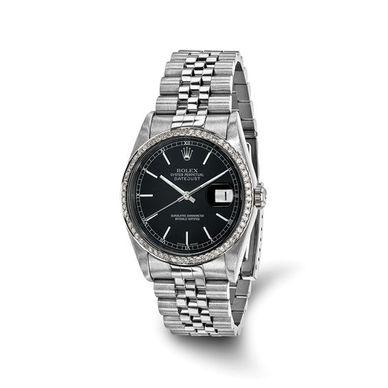 Swiss Crown™ USA Pre-owned Rolex-Independently Certified Steel 36mm Jubilee Datejust Black Dial and Diamond Bezel Watch