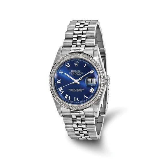 Swiss Crown™ USA Pre-owned Rolex-Independently Certified Steel 36mm DateJust Diamond Bezel and Blue Roman Diamond Dial Watch