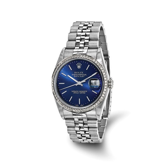 Swiss Crown™ USA Pre-owned Rolex-Independently Certified Steel 36mm Jubilee Datejust Blue Dial and Diamond Bezel Watch