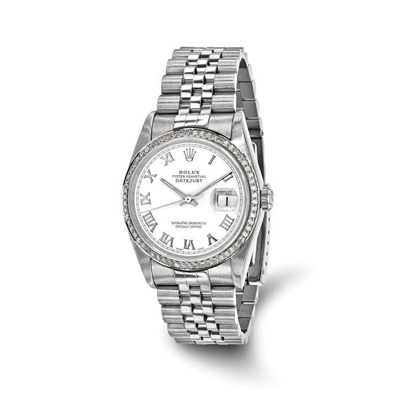 Swiss Crown™ USA Pre-owned Rolex-Independently Certified Steel 36mm Jubilee Datejust White Dial and Diamond Bezel Watch